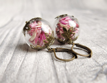 Echte Blüten Ohrringe Ginster - Vintage bronze Style / pink rosa Blüten Ohrhänger / Terrarium Ohrringe / Geschenk für Sie / Blütenschmuck