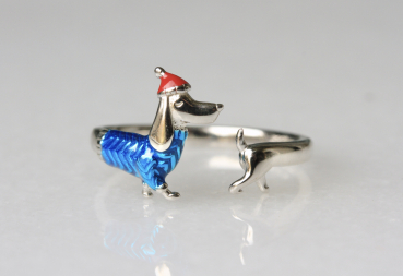 Sterlingsilber Dackel Ring: Weihnachtlicher Fingerring größenverstellbar