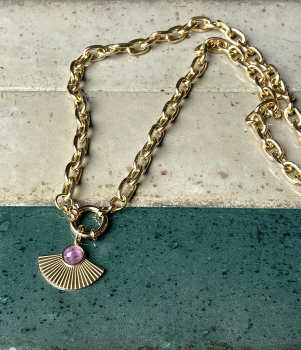Kette Fächer Amethyst Lagenlook mit massiver Gliederkette vergoldet