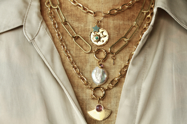 Kette Fächer Amethyst Lagenlook mit massiver Gliederkette vergoldet