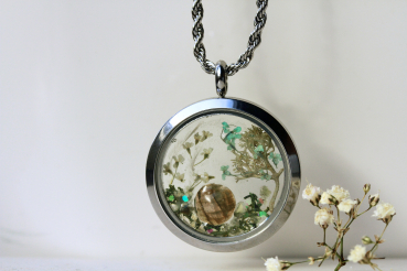Medaillon Blüten Labradorit Moos Edelstahl Kette