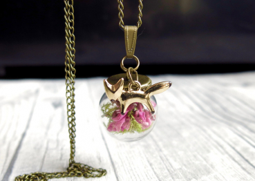 Kette - Fuchs mit echten Blüten in Glaskugel