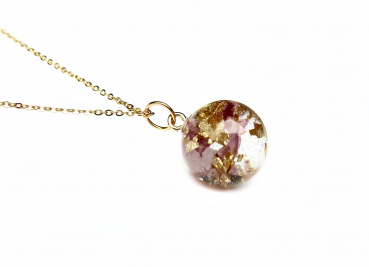 Kette - 925 vergoldet -  Blattgold und Blüten in Harz