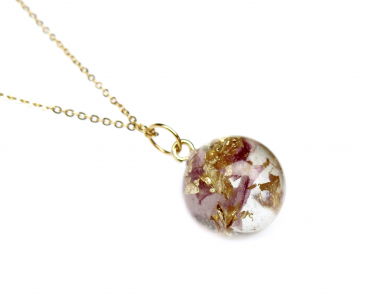 Kette - 925 vergoldet -  Blattgold und Blüten in Harz