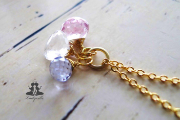 Kette *Pastell Trio Bergkristall trifft Quarz* Gold