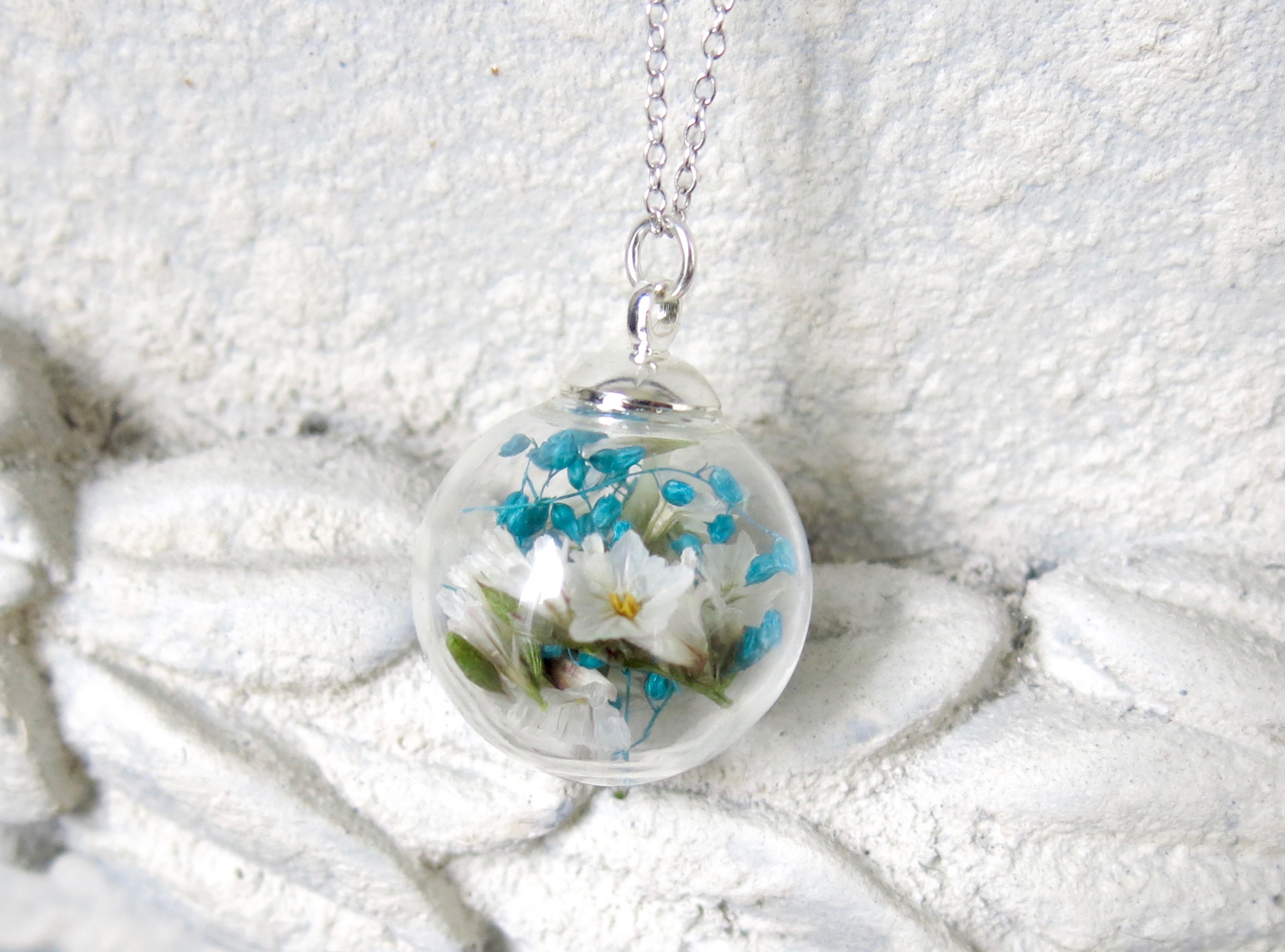 Sommerliche Halskette Kette Silber 925 Glaskugeln Glasperlen hellblau Blumen 4 