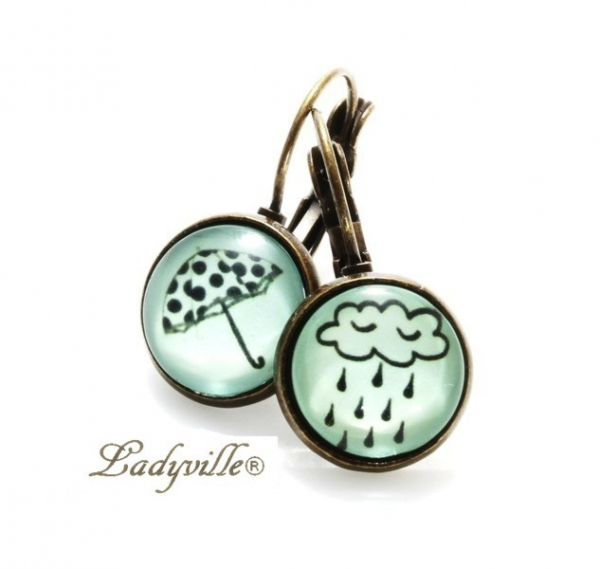 Ohrringe Wolke Regenschirm Bronze, Collage by Ladyville / Vintage Style Ohrringe / Herbst schmuck / Wetter / Wolke mit Regen Ohrringe