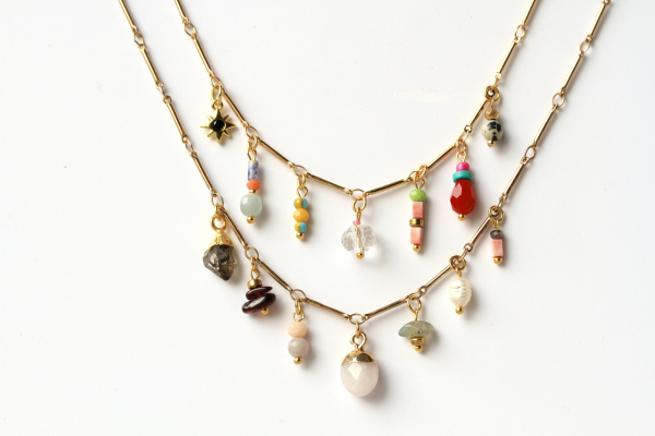 MultiCharm Kette Bunte Chunky Halskette Layering Schmuck echt vergoldet Handgemacht mit Edelsteinen böhmischen Glasperlen Geschenk für sie