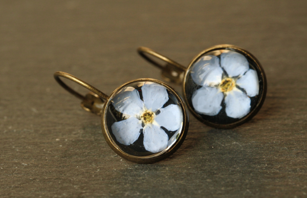 Ohrringe Vergissmeinnicht Antik Bronze im Vintage Style Gepresste Blüte hinter Glas als romantisches Geschenk für sie und für Verliebte