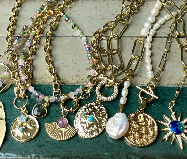 Kette Fächer Amethyst Lagenlook mit massiver Gliederkette vergoldet