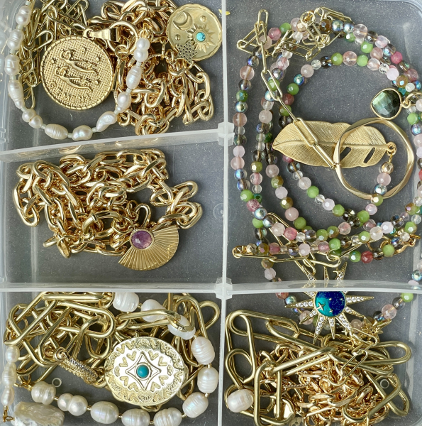 Kette Fächer Amethyst Lagenlook mit massiver Gliederkette vergoldet