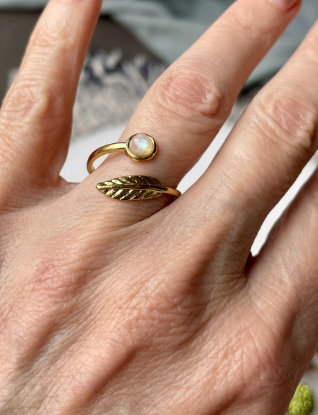 Damen Ring Mondstein gold Blätter Fingerring Geschenk Frauen Freundin